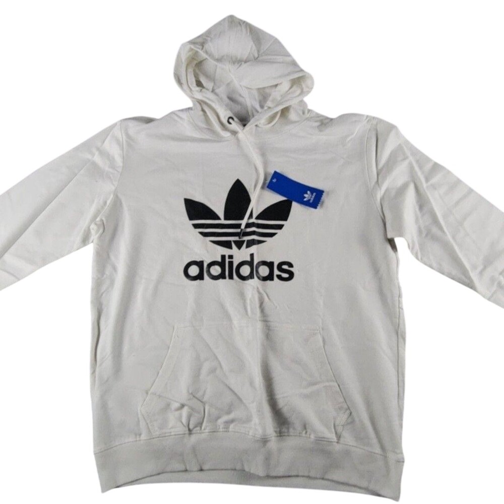 Adidas Hoodie Sweatshirt Mens 2XL White Fleece Pullover Big Trefoil Logo